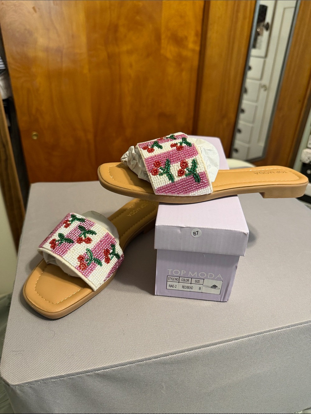 TOP MODA Pink and White Beaded Cherry Slide Sandals